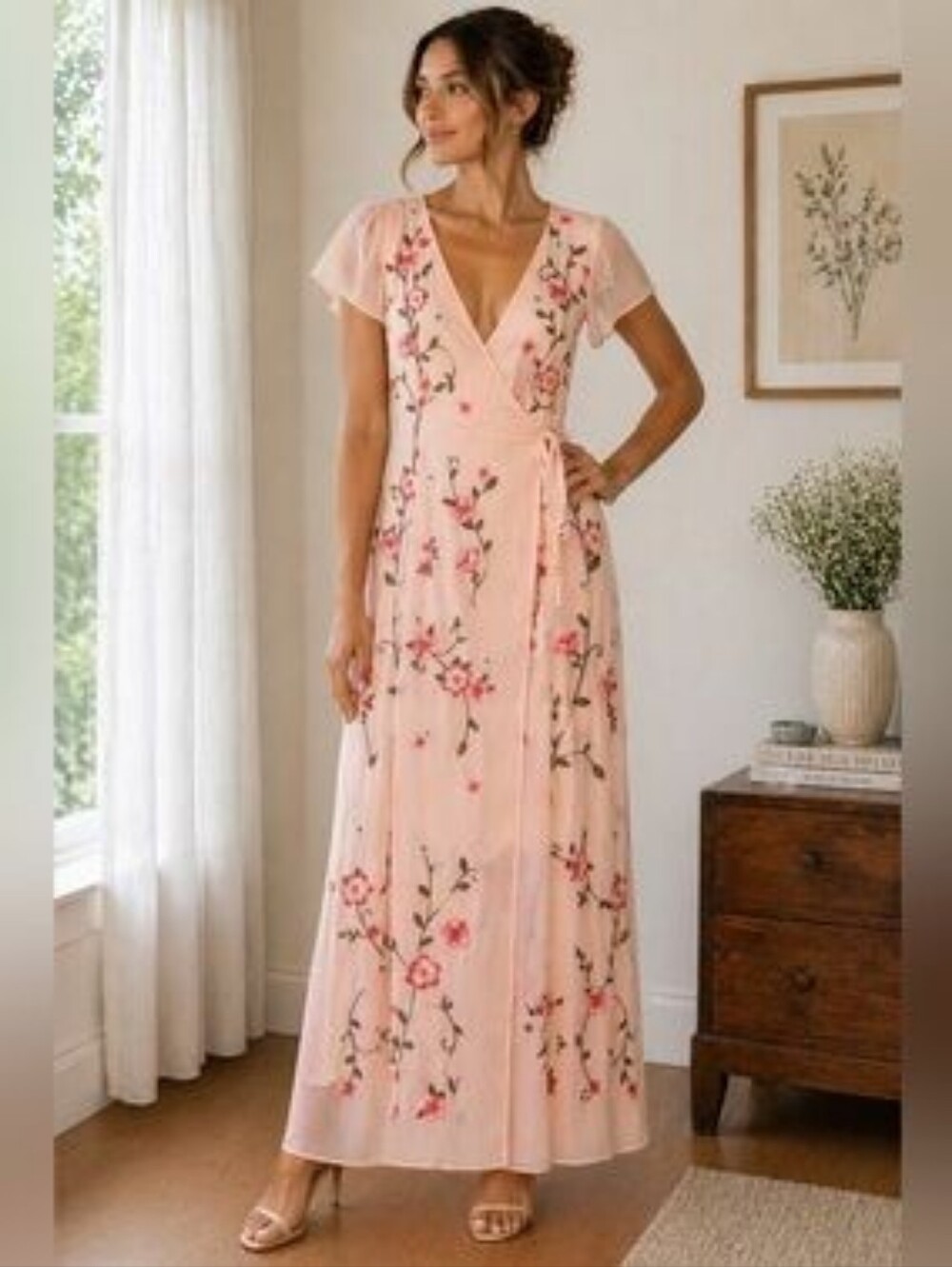 Savanna Jane Blush Floral Embroidered Wrap Maxi Dress – Size 10
